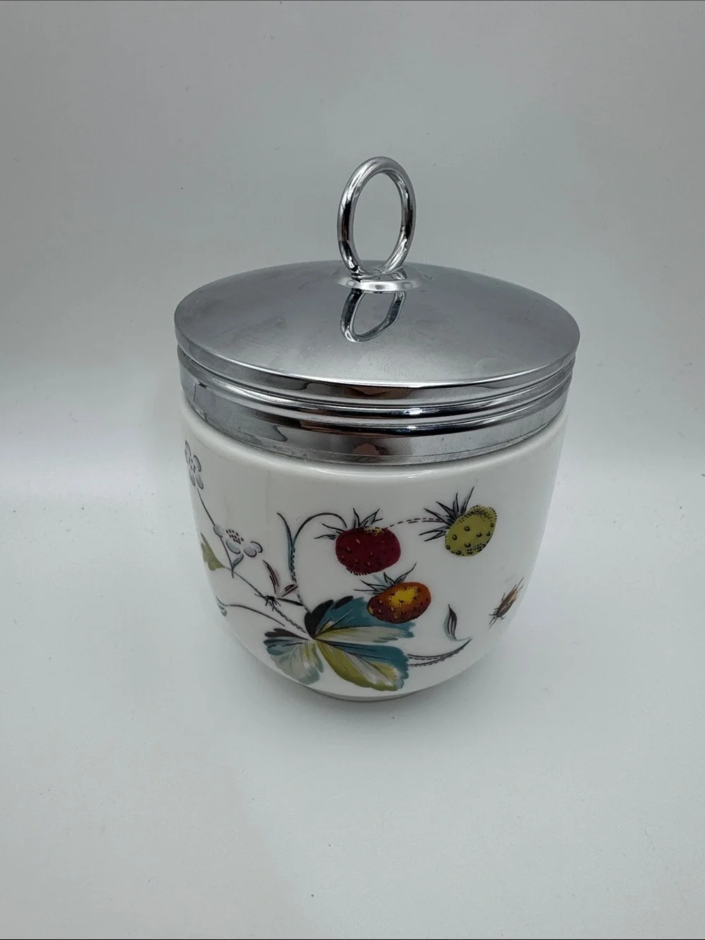 Royal Worcester White Porcelain Lidded Jar with Fruit and Floral Accents 4”